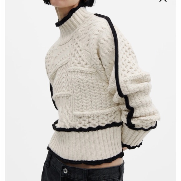 Mango Sweaters - Mango Cream and Black Cable Knit Turtleneck Sweater